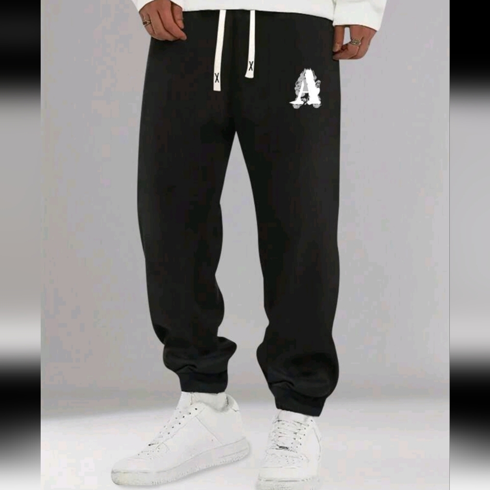 Men's Letter Print Waistband Drawstring Sweatpants Small 36 Black NEW